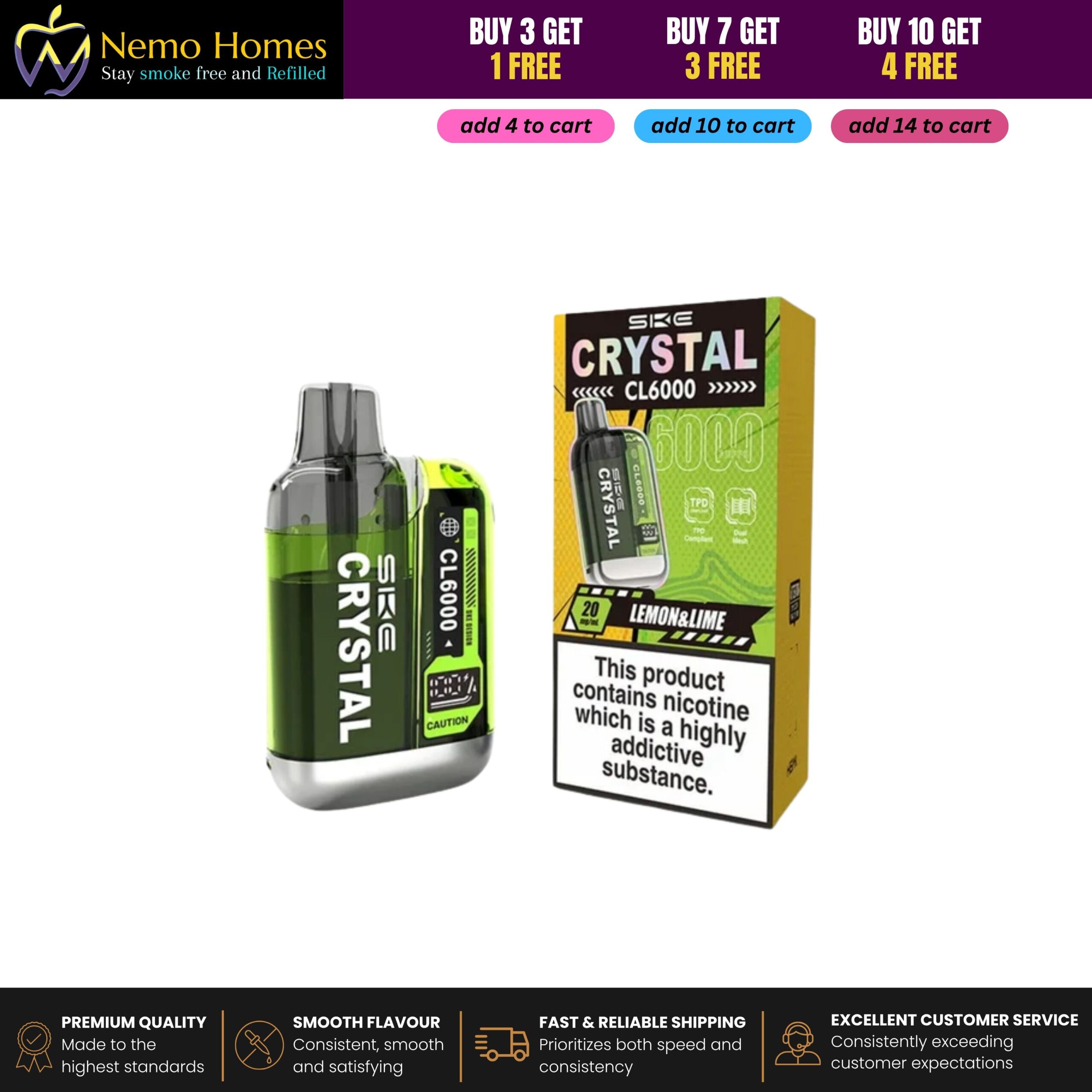 Buy SKE Crystal CL6000 Prefilled Pods and Vape Kit – 20mg - CL6000 Kit - Lemon Lime - Free UK Next Day Delivery (no minimum spend)