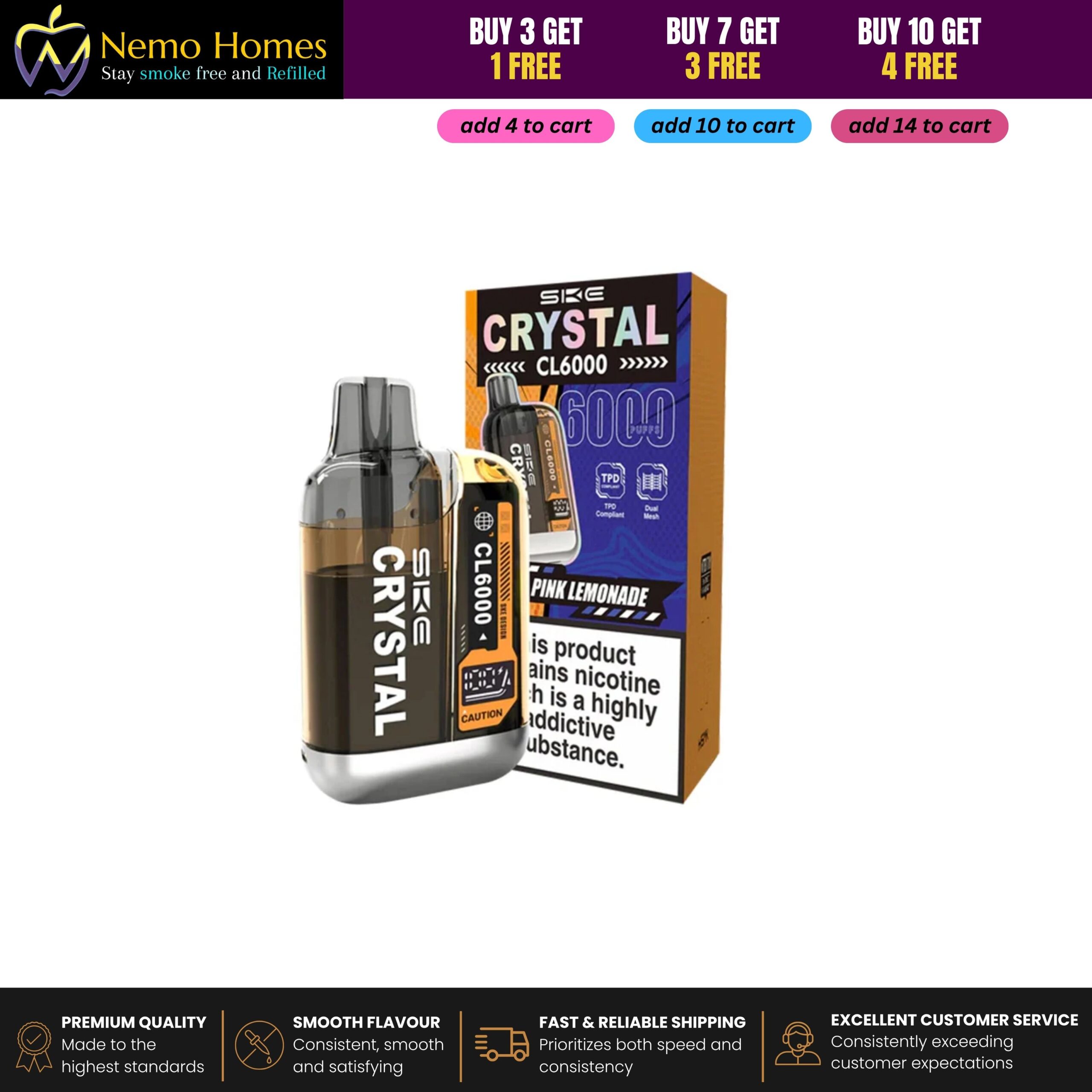 Buy SKE Crystal CL6000 Prefilled Pods and Vape Kit – 20mg - CL6000 Kit - Pink Lemonade - Free UK Next Day Delivery (no minimum spend)