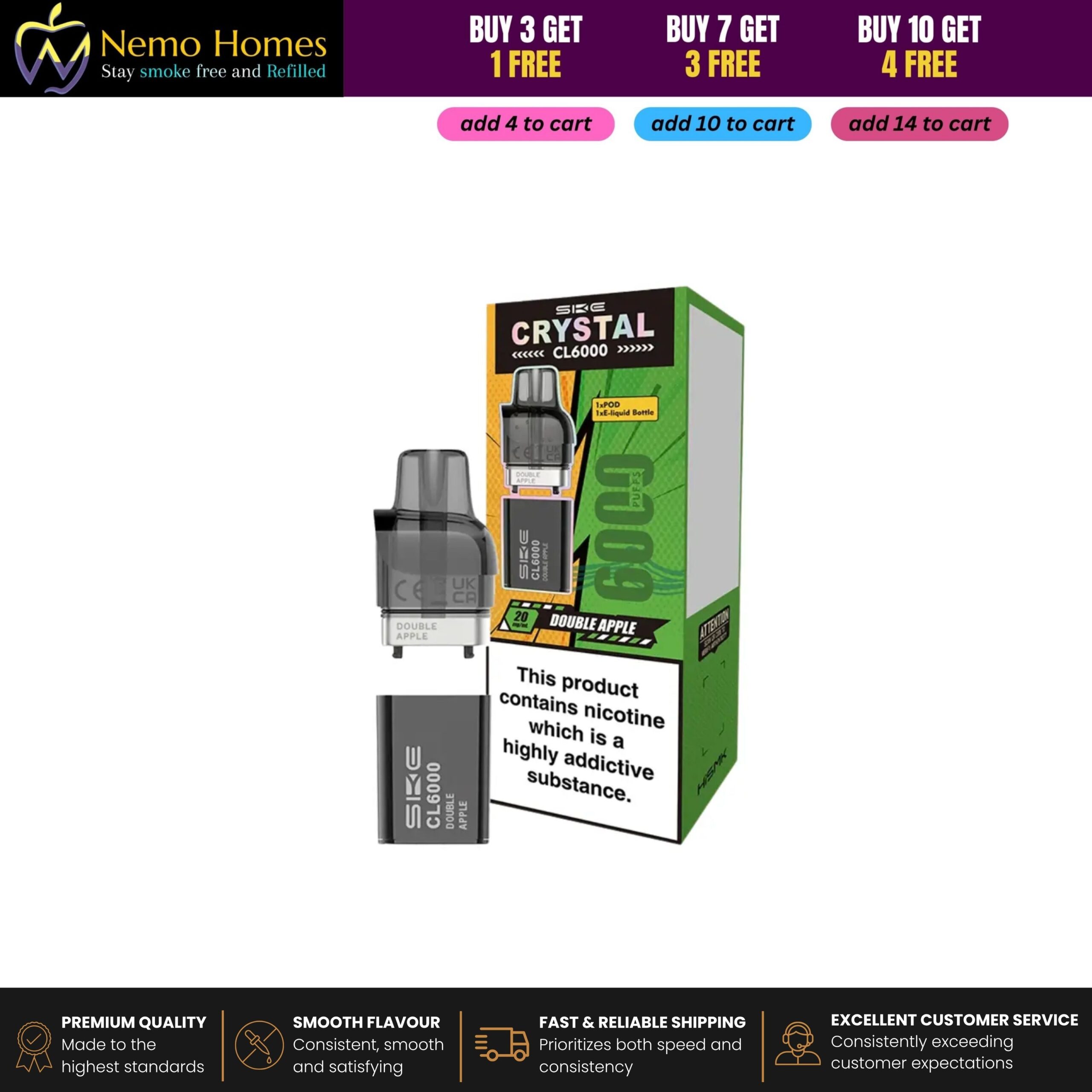 Buy SKE Crystal CL6000 Prefilled Pods and Vape Kit – 20mg - Pods only - Double Apple - Free UK Next Day Delivery (no minimum spend)