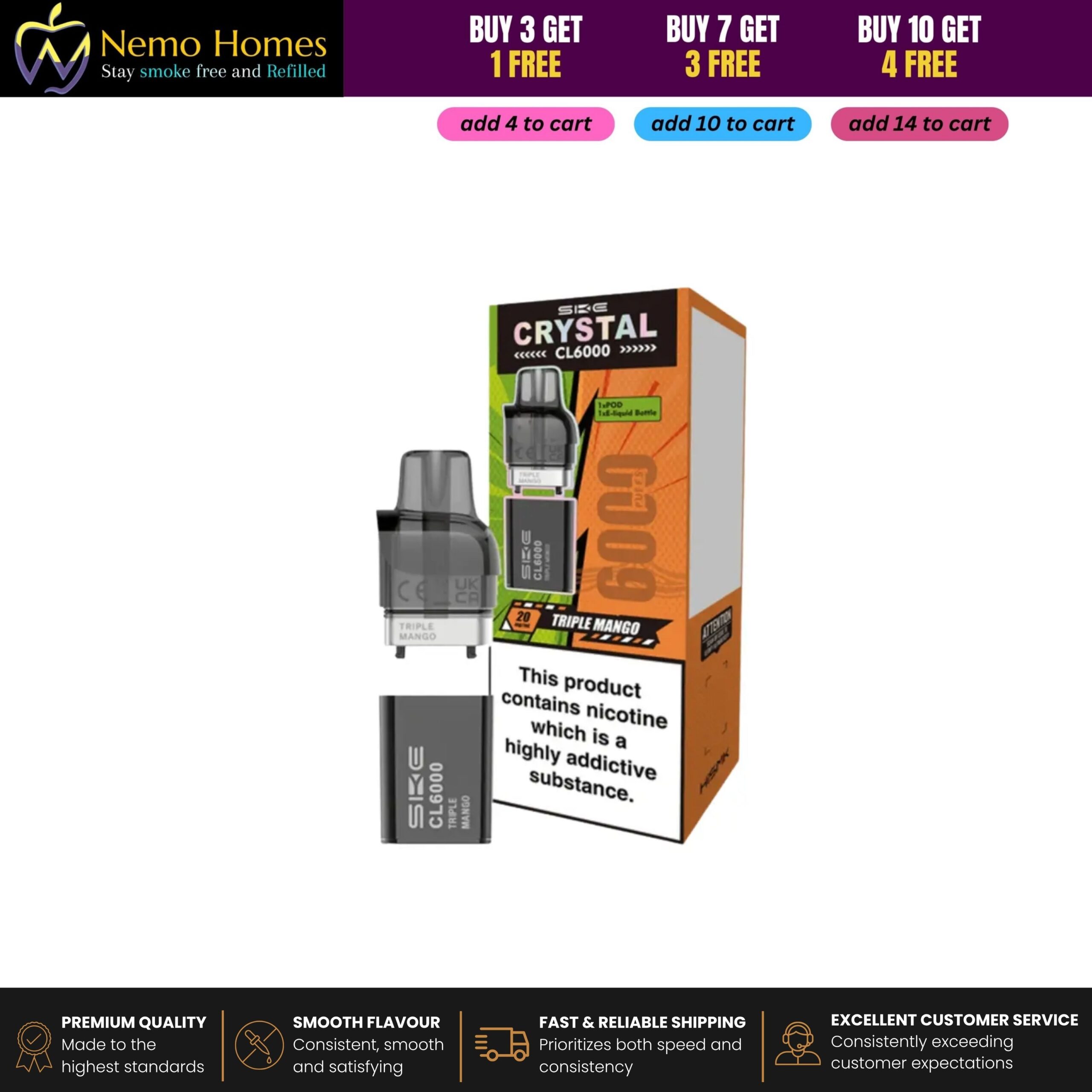 Buy SKE Crystal CL6000 Prefilled Pods and Vape Kit – 20mg - Pods only - Triple Mango - Free UK Next Day Delivery (no minimum spend)